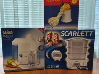 Соковыжималка Braun, пароварка Scarlett, машина для попкорна