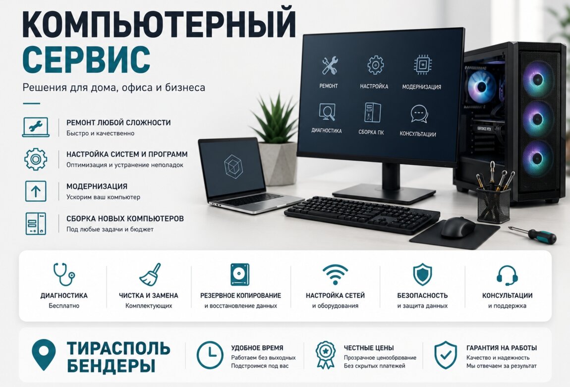 Быстро, профессионально, ремонт и настройка компьютеров.