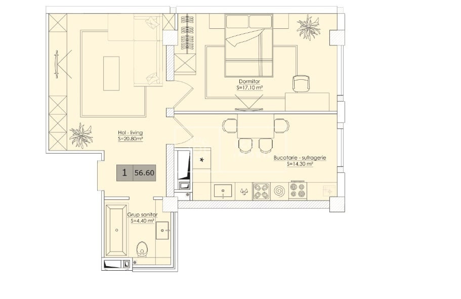 2-комнатная квартира, 56.5 м², Кишинёв, Дурлешть