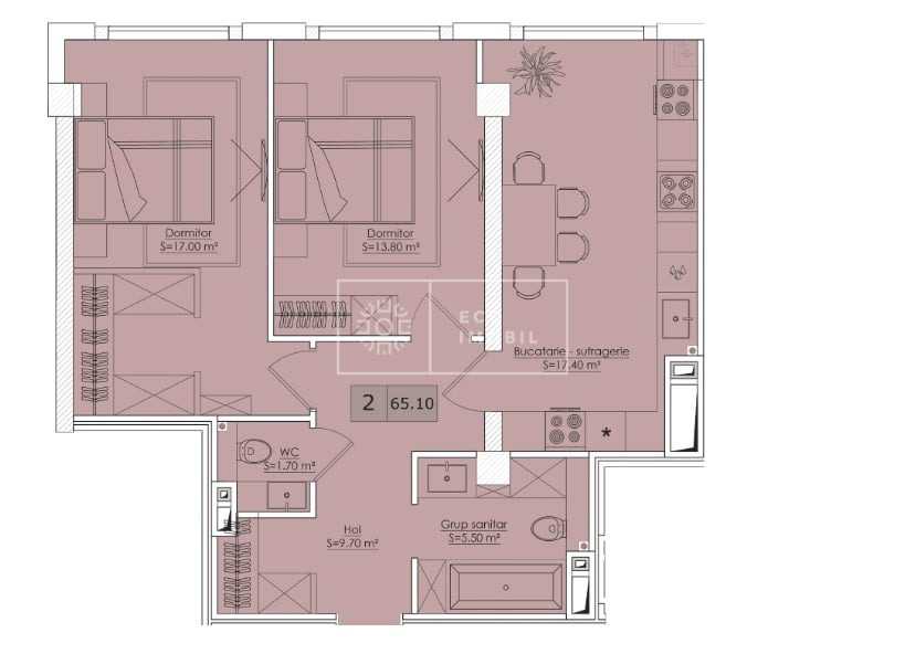 2-комнатная квартира, 65.1 м², Кишинёв, Дурлешть