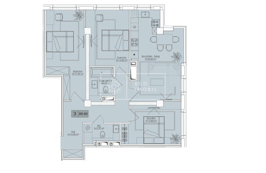 3-комнатная квартира, 89.8 м², Кишинёв, Дурлешть