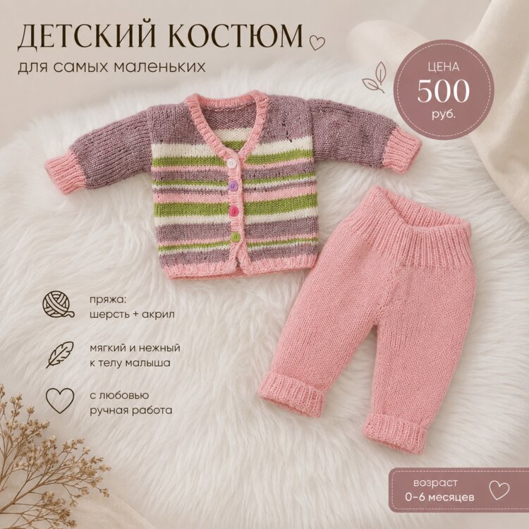 Детский костюм, ручная работа. 0-6 месяцев