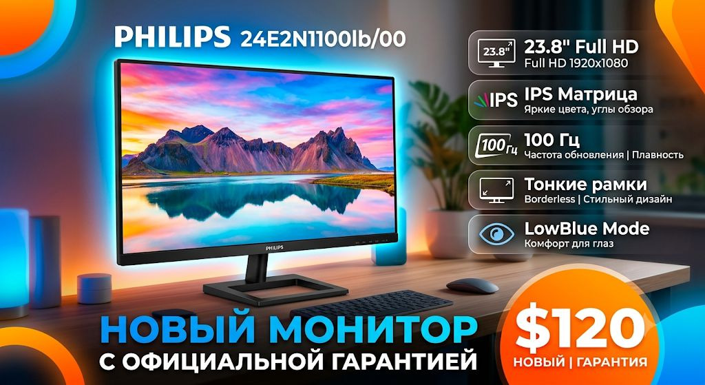 Монитор с Гарантией Philips 24E2N1100LB (23.8", IPS, Full HD, 100Гц)