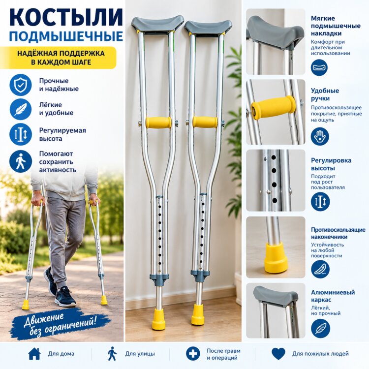 Костыли подмышечные из усиленного алюминия с регулировкой по высоте.
