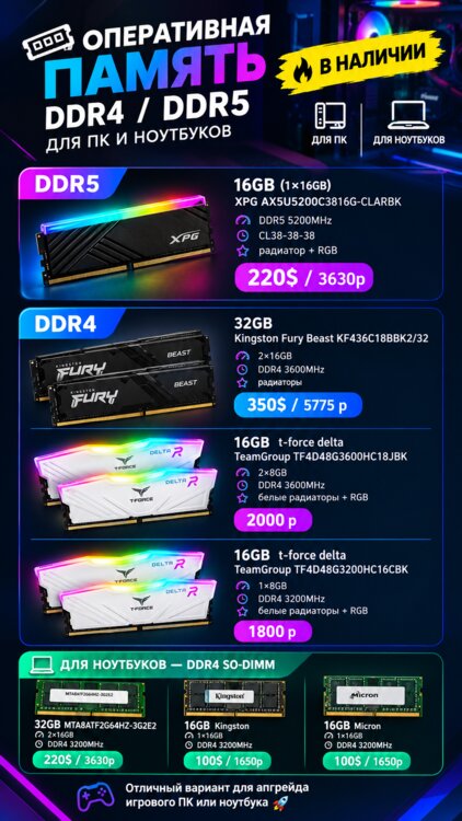 ОПЕРАТИВНАЯ ПАМЯТЬ DDR4 / DDR5 для пк и ноутбуков 16 гб / 32 гб