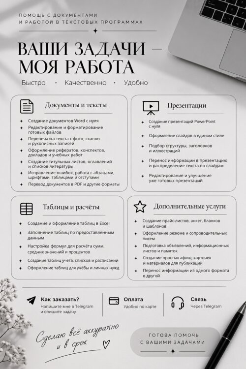 Помощь с созданием и оформлением документов, презентаций, таблиц и дру