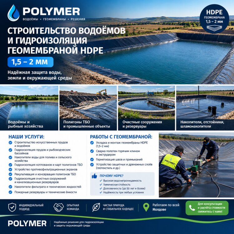 СТРОИТЕЛЬСТВО ВОДОЁМОВ И ГИДРОИЗОЛЯЦИЯ ГЕОМЕМБРАНОЙ HDPE 1,5–2 ММ