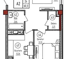 Spre vânzare apartament cu 2 camere cu living suprafața 61 mp. A