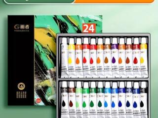 Акриловые краски набор из 24 цветов, по 12мл, кисти 6 шт. и палитра.