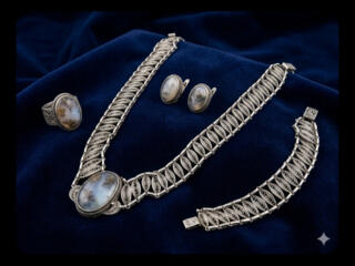 Эксклюзивный серебряный гарнитур «Пейзажный агат». Ручная скань (925)