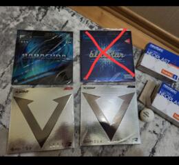 Продам новые и б/у теннисные ракетки, накладки (резину), клей, шарики.