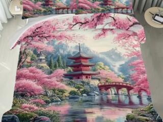 Постельное белье с японским пейзажем "Вишневые цветы и храм в горах"