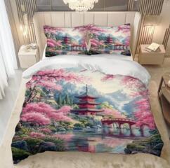 Постельное белье с японским пейзажем "Вишневые цветы и храм в горах"