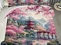 Постельное белье с японским пейзажем "Вишневые цветы и храм в горах"